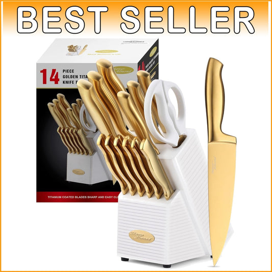 Elegant Gold Knife Set - 14-Piece Titanium Coated Stainless Steel with Block