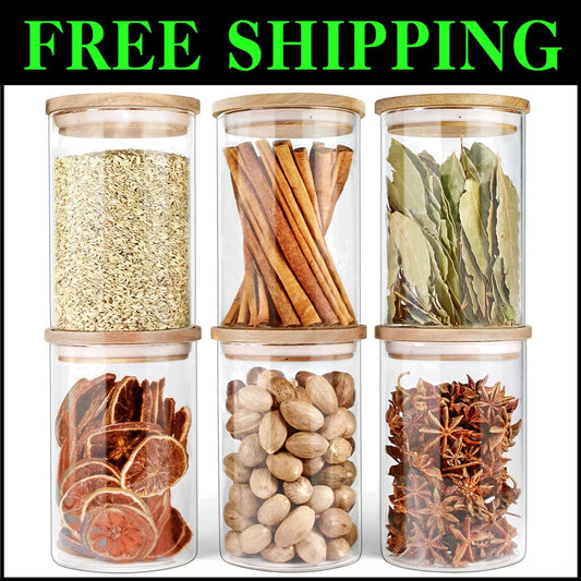 Stackable 6-Pack Airtight Glass Canisters with Durable Wood Lids - 27oz Each