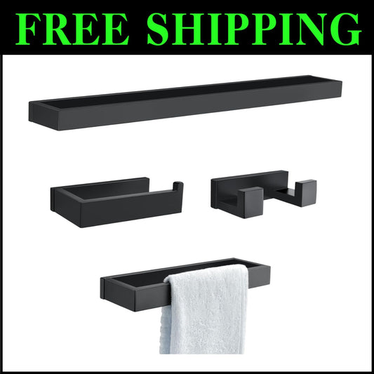 Chic 4-Piece Bathroom Towel Bar Set in Matte Black – Easy Screw-In Installation