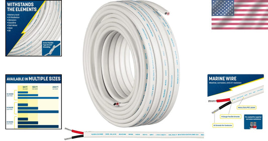 14 Gauge AWG Marine Wire - 50 Ft Oxygen-Free Copper for Waterproof Wiring