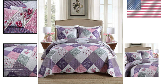 Soft Microfiber Queen Bedspread - Reversible Floral Patchwork Design, 3-Piece