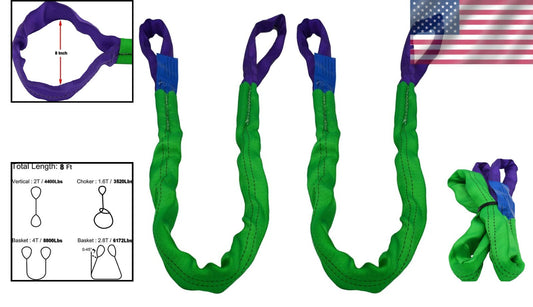 Heavy Duty 2" x 8' Lifting Sling Straps - Safe 4400 lbs Vertical Load - 2-Pack