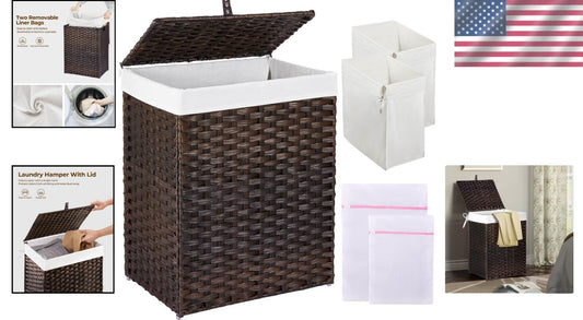 Chic Brown Laundry Basket with Lid & 2 Washable Bags - 90L Stylish Storage