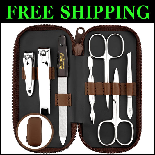 Complete Manicure Pedicure Set - 7-Piece Stainless Steel Tools in Leather Case
