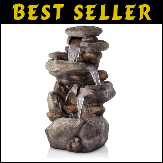 Elegant Light Gray 4-Tier Rock Water Fountain - Soothing Outdoor Water Feature