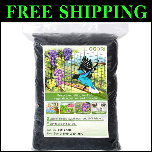 Durable 25' x 50' Bird Netting for Vegetables and Fruits - Easy Setup Included