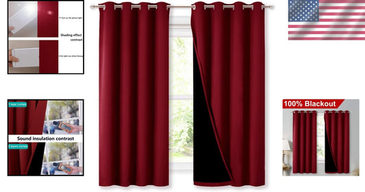 Burgundy Red 100% Blackout Curtains - Thermal Insulated & Noise Reducing Drapes