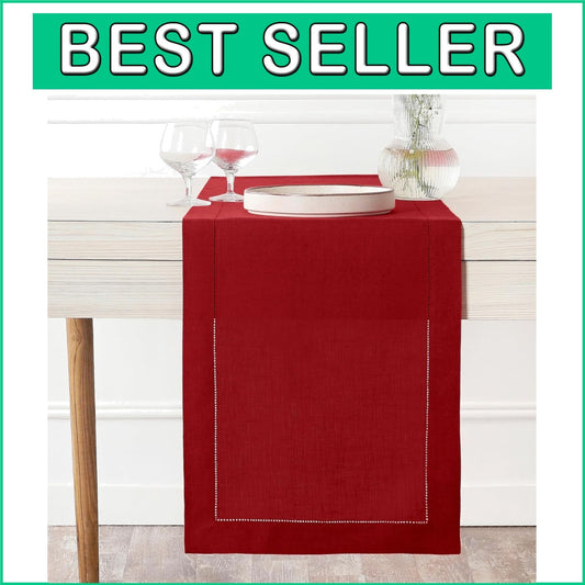 14x120 Inch Luxe Red Linen Table Runner - Classic Hemstitch, Perfect for Easter