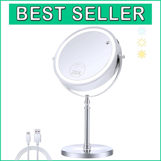 20X Double-Sided Lighted Makeup Mirror with 3 Color Brightness & 360° Rotation