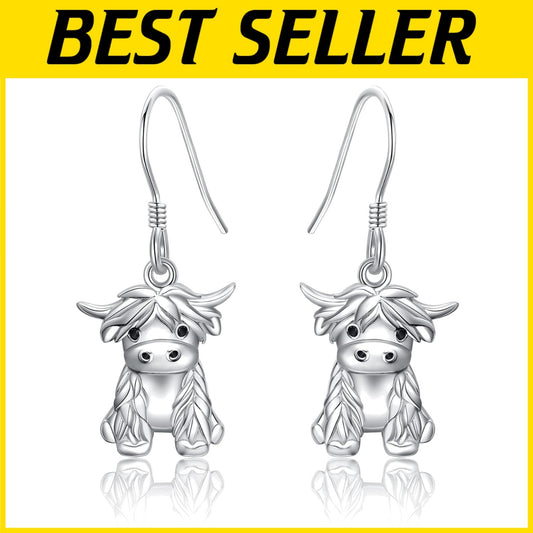 925 Sterling Silver Highland Cow Dangle Earrings - Unique Cow Jewelry for Women