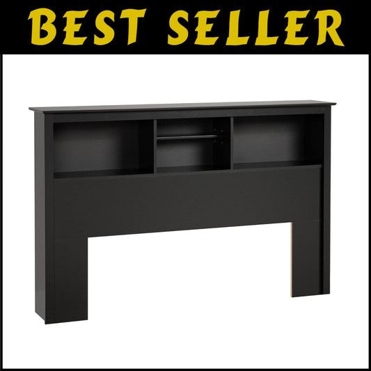 Functional Black Bookcase Headboard for Full/Queen Beds - 3 Storage Compartments