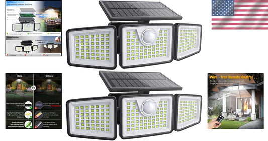 IP65 Waterproof Solar 3-Head Lights with Motion Sensor, 270° Wide Angle - 2 Pcs