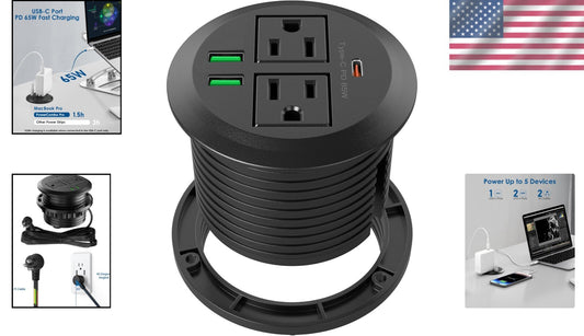 High-Speed Charging Desktop Grommet with 2 Outlets & 3 USB Ports - Easy Install