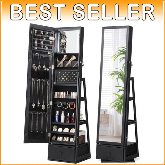 360° Swivel Lighted Jewelry Cabinet with Touch Screen Vanity Mirror - Black