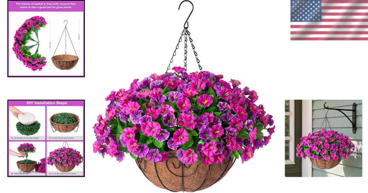 Elegant Faux Silk Petunias in Coconut Basket - Indoor/Outdoor Hanging Flowers