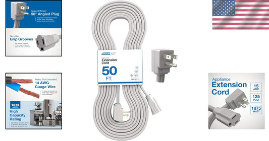 14 Gauge 50ft Appliance Extension Cord with 90-Degree Angle Plug – Indoor Use
