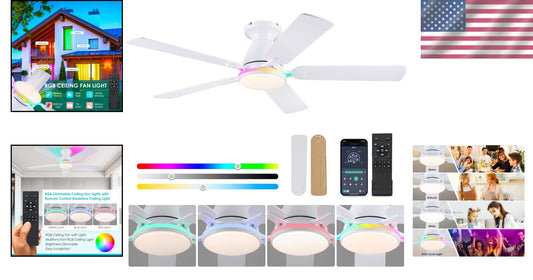 52" RGB Low Profile Ceiling Fan with LED Light & Remote Control - Sleek Design