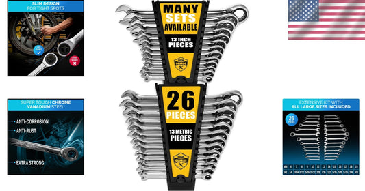 Durable 26-Pc Chromed Ratchet Wrench Set - Organized Storage with Rack Included