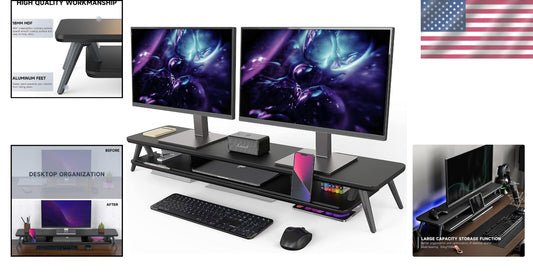 42.5 Inch Ergonomic Dual Monitor Riser - Stylish Desktop Organizer with Storage