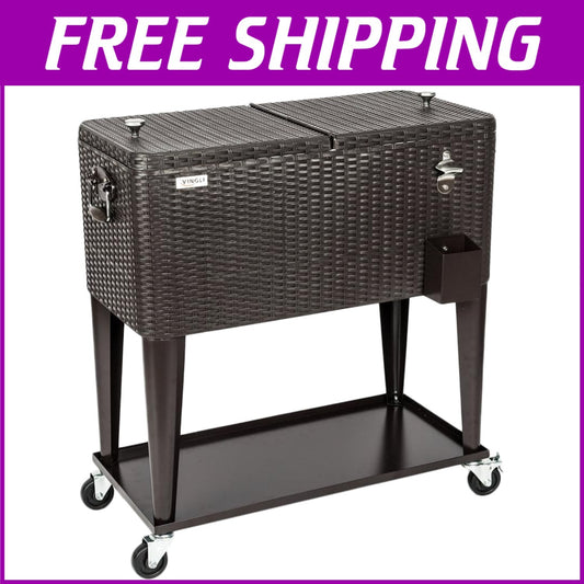 80 Quart Rolling Ice Chest Cooler Cart - Elegant Rattan Design for Patio Parties