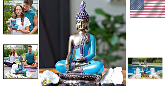 Gift-Ready 12.5" Buddha Statue - Unique Meditation Decor in Sea Blue & Purple