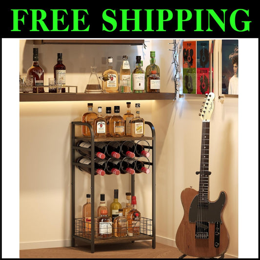 3-Tier Industrial-Chic Wine Bar Table with 8-Bottle Rack - Space-Saving Elegance