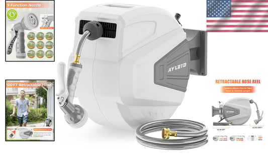 Retractable Wall-Mounted Hose Reel: 100ft with 9-Function Spray Nozzle
