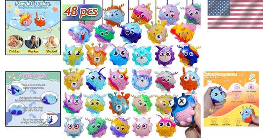 48 Pack Animal-Themed Pop Fidget Balls - Ideal Stress Relief Toys for All