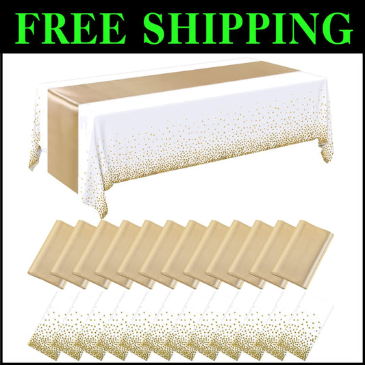 Elegant 24-Pack White and Gold Disposable Tablecloths & Runners for Celebrations