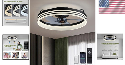 Dimmable LED Flush Mount Ceiling Fan with 6 Speeds & Remote Control - 20" Black
