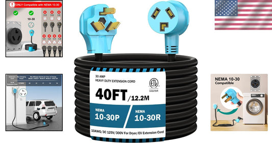 30A 40FT EV Charging/ Dryer Extension Cord - Heavy Duty & Plug-and-Play Design