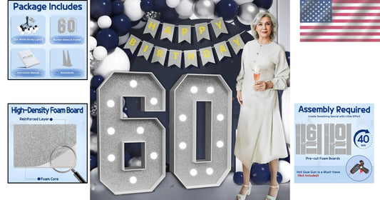 Elegant Large Silver Number 60 Decorations - Perfect for 60th Birthday Bash!