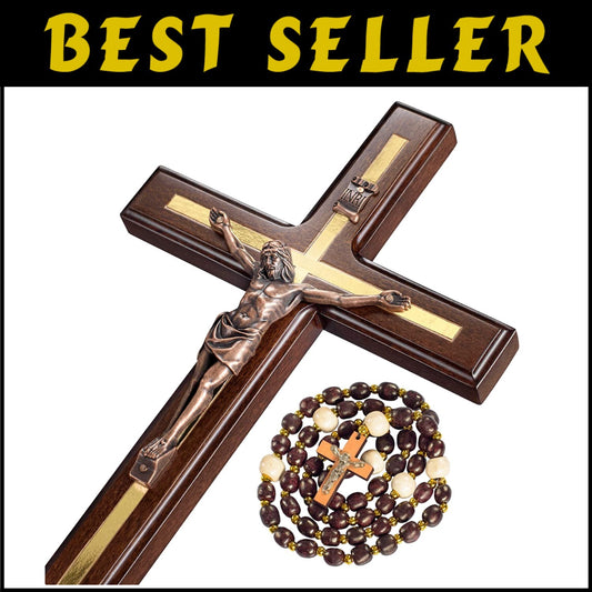 12-Inch Elegant Crucifix Wall Cross - Solid Hardwood with Copper Jesus & Rosary