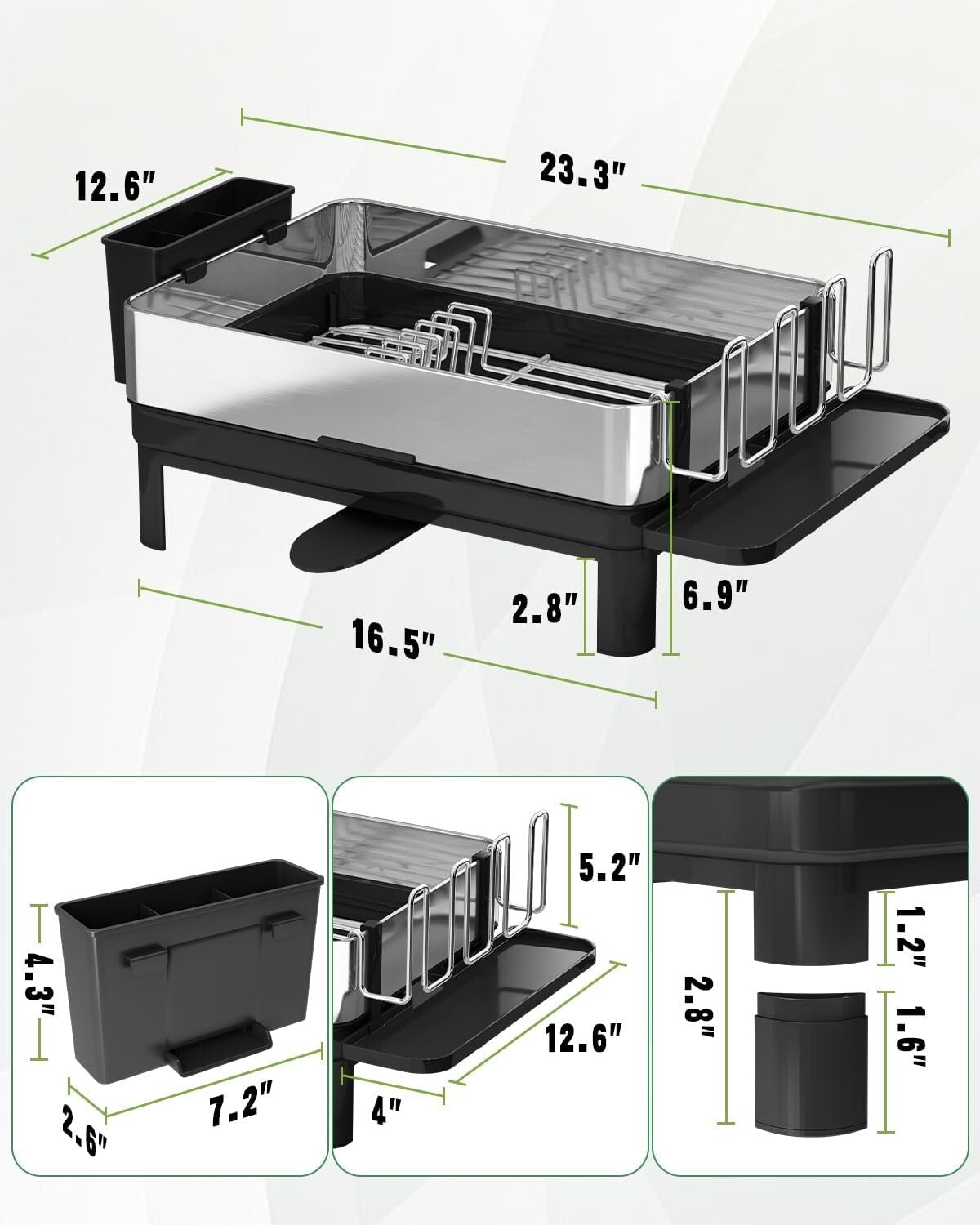 1-Tier Compact Dish Drainer with Utensil and Cup Holders for Kitchen Counters