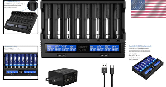 Versatile 8-Slot Battery Charger with Grading Mode & Safety Features Included