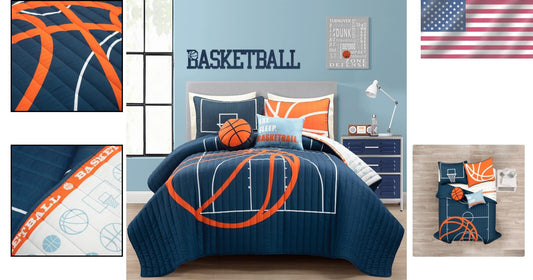 Youth Basketball Quilt Set - Soft 5-Piece Reversible Bedding for Full/Queen