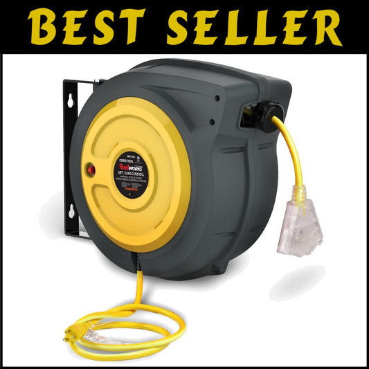 Durable 50ft SJTOW Extension Cord Reel - UV Resistant with Adjustable Stopper