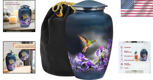Large Decorative Burial Urn for Human Ashes - 200LB Capacity, Gray Hummingbird