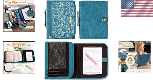 Protective Teal Floral Bible Cover with Zipper and Notepad for Organized Faith