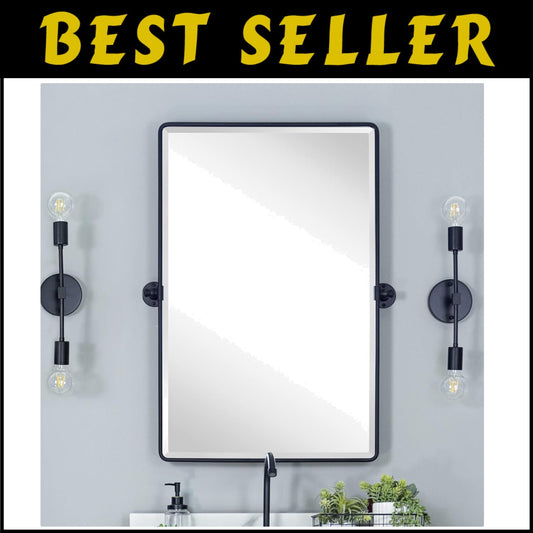Beveled Rectangular Black Metal Framed Bathroom Mirror - 30x20" Tilting Design