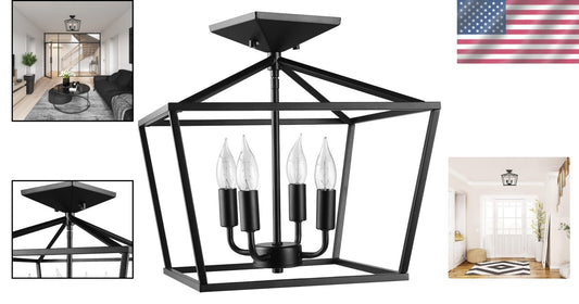 Modern Industrial 4-Light Ceiling Fixture with Flame Tip Edison Bulbs Included