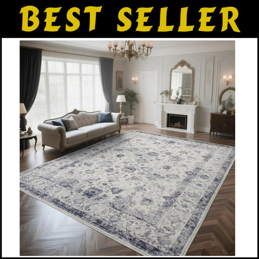 Stylish 9x12 Non-Slip Area Rug - Vintage Floral Design for Living Spaces