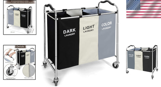 Durable 3-Compartment Laundry Cart with Wheels - Waterproof & Lightweight Design