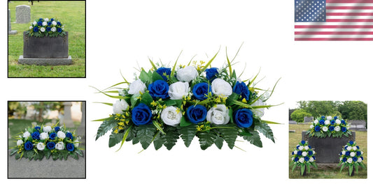 Memorial Flower Saddle for Headstones - Dark Blue & White Silk Roses Decoration