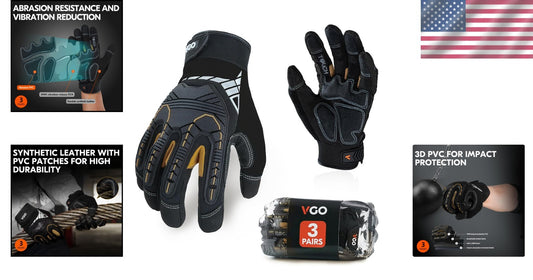 3-Pairs Heavy Duty Synthetic Leather Work Gloves - Impact Protection, Size S