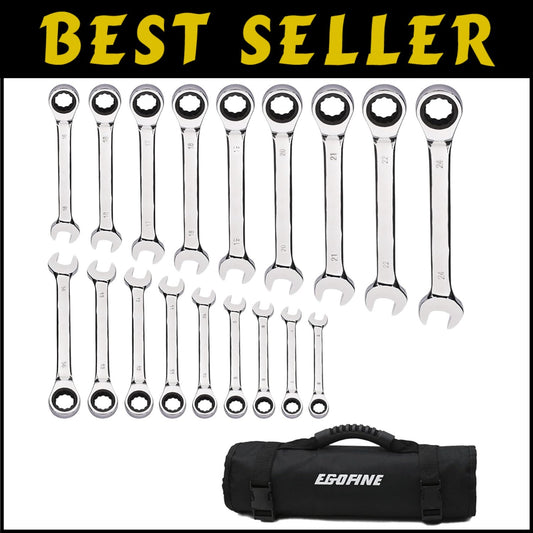 Durable 18pc Metric Ratcheting Wrench Set with Chrome Vanadium and Roll Up Bag