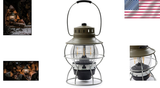 Versatile Vintage LED Lantern - Olive Drab with Copper Accents for Any Setting