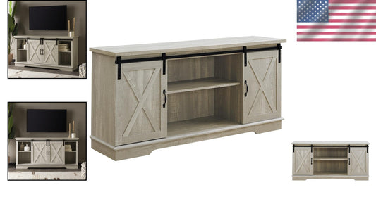Charming 58-Inch Stone Grey TV Stand with Sliding Doors and 3 Adjustable Shelves