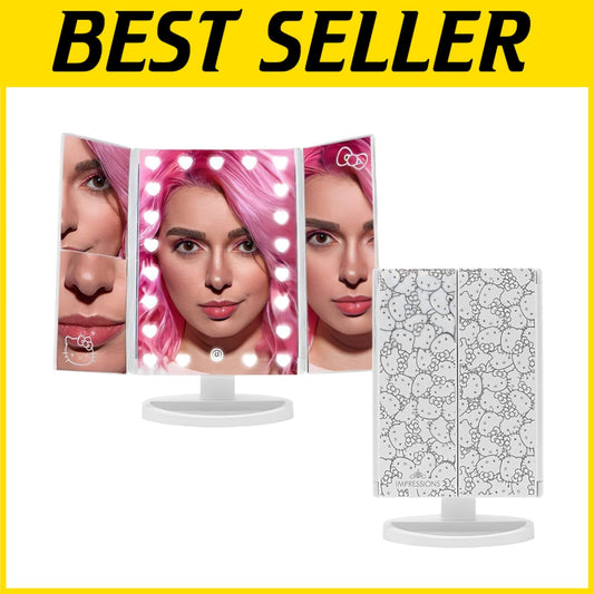 Portable Hello Kitty Trifold Mirror with LED Lights and Magnification Features