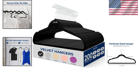 Heavy-Duty Ultra-Thin Velvet Hangers - 200 Pack, Ideal for Space-Saving Closets